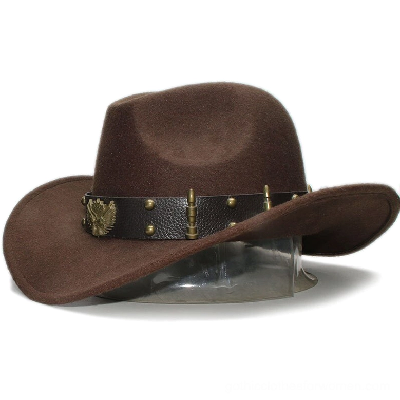 Dark gothic western fedora with eagle-trimmed leather hat band - three-quarter angle display