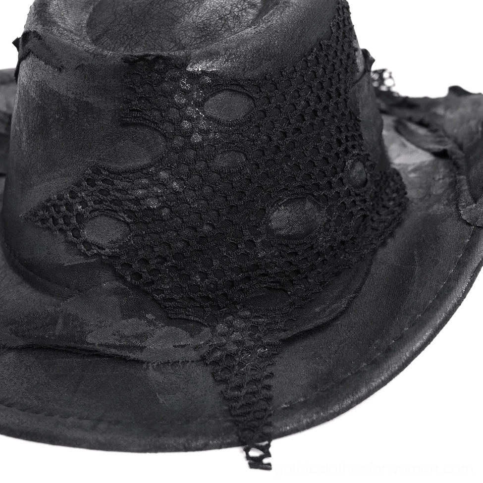 Black gothic cowboy hat worn styling example with alternative darkwear fashion aesthetic