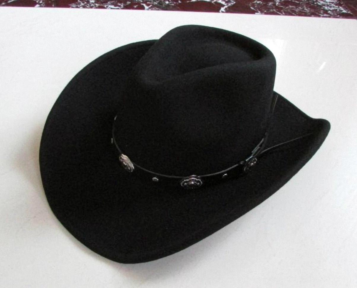 Black gothic cowboy hat three-quarter view with adjustable leather strap and metal concho ornaments