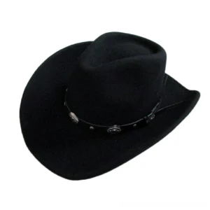 Black wool wide brim gothic cowboy hat with leather band and metal conchos - three-quarter side view