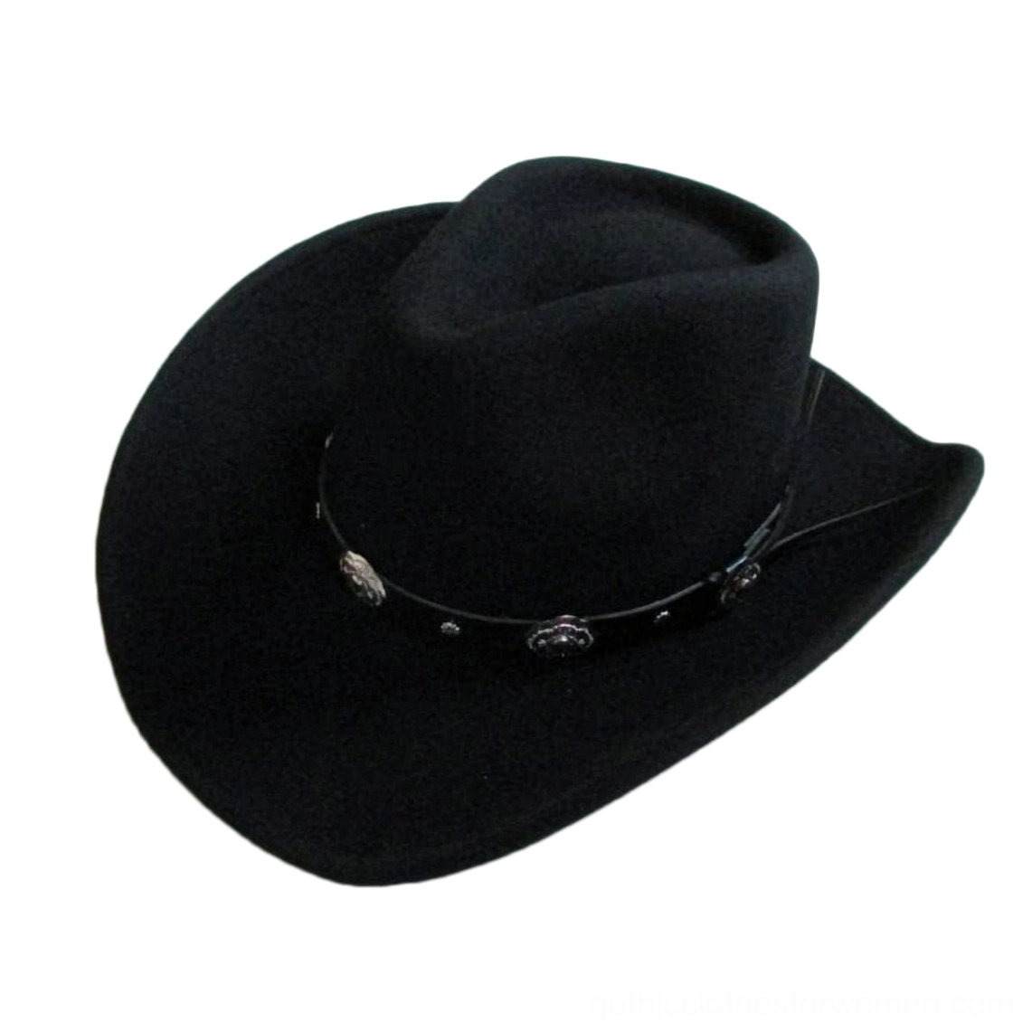 Black wool wide brim gothic cowboy hat with leather band and metal conchos - three-quarter side view