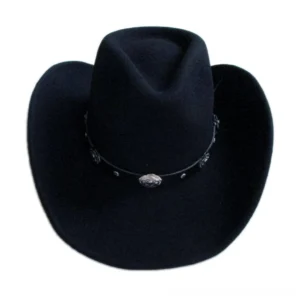 Black felted wool gothic cowboy hat overhead front view showing interior crown and metal concho details