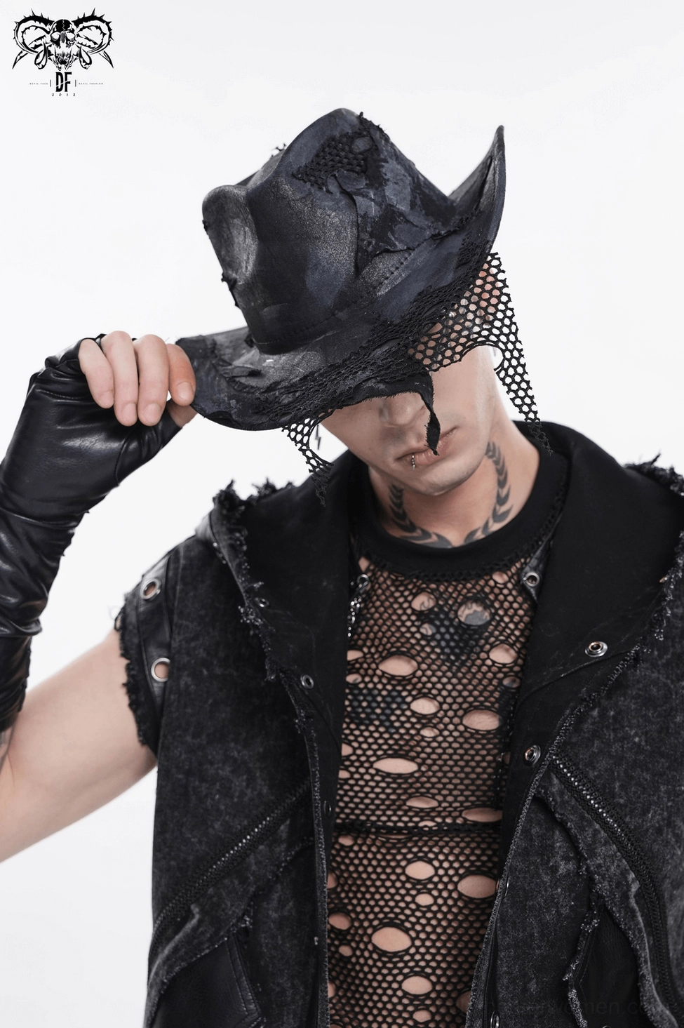 Black gothic cowboy hat with distressed mesh showing brim width and crown height proportions