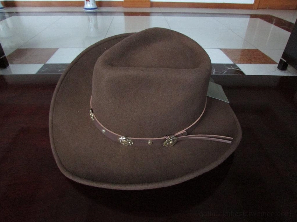 Brown wool gothic cowboy hat three-quarter view with brown leather band and metal decorative details