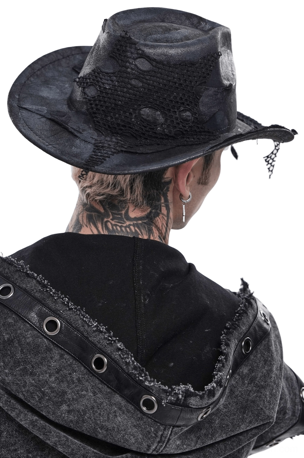 Black gothic cowboy hat rear view showing ripped mesh crown patch and worn faux leather texture