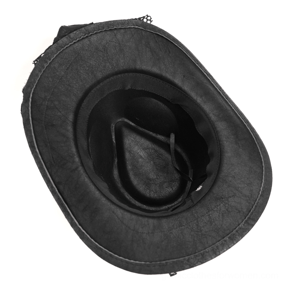 Black gothic cowboy hat top-down interior view showing lined faux leather and stitched brim seams