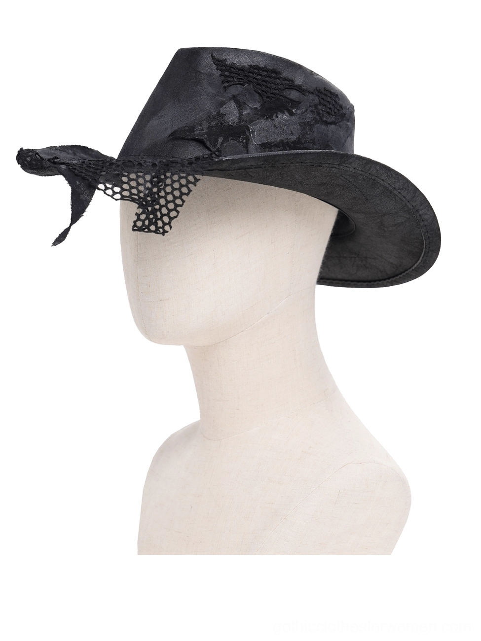 Black gothic cowboy hat left side view showing mesh face veil detail and curved worn brim