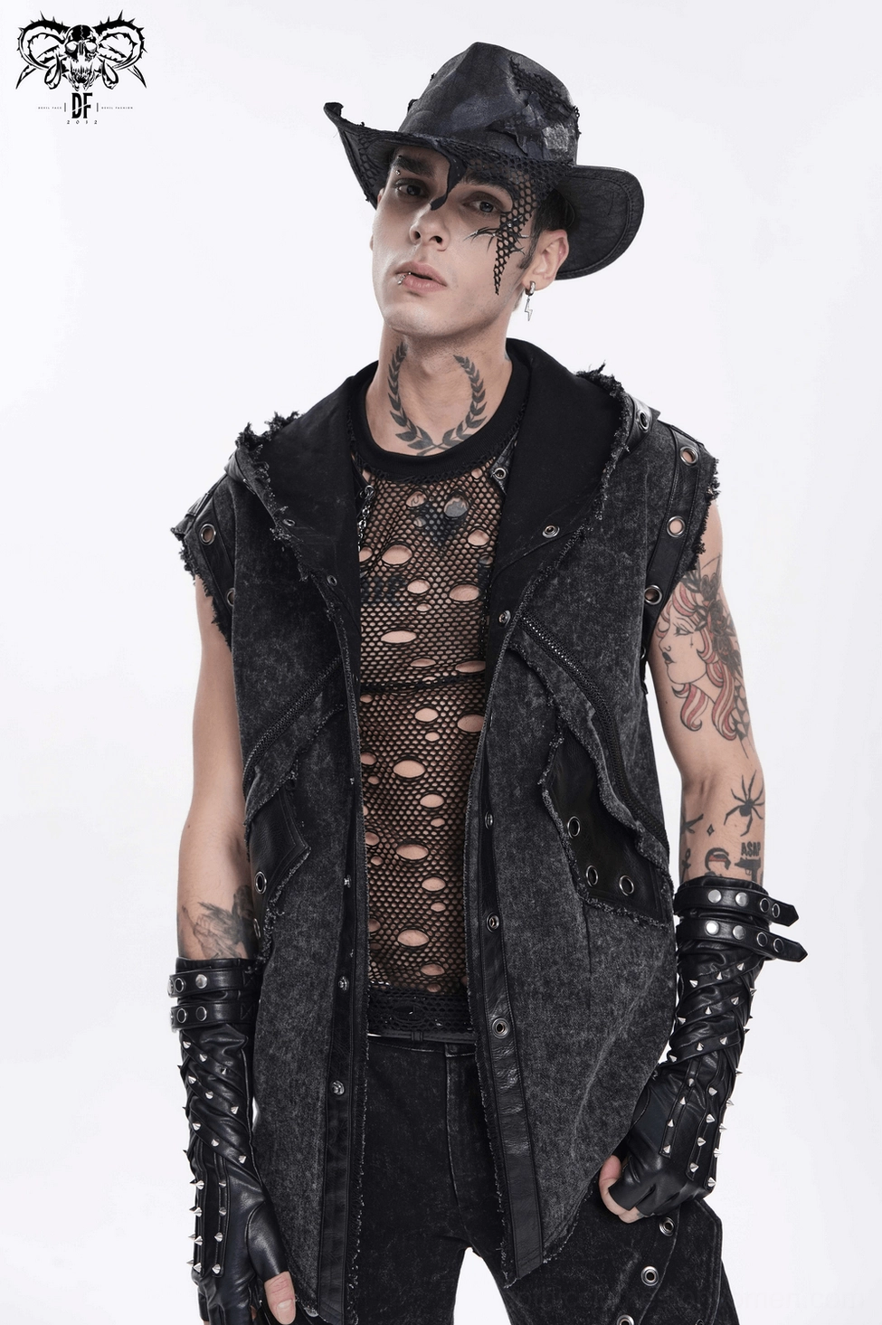 Black gothic cowboy hat distressed finish demonstrating post-apocalyptic wasteland aesthetic