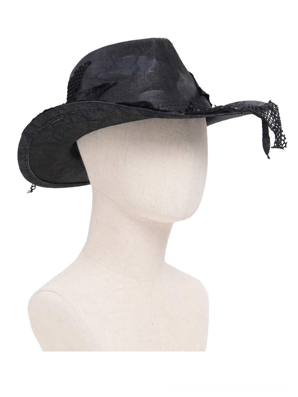 Black gothic cowboy hat right side view with hanging mesh detail and uneven ripped brim