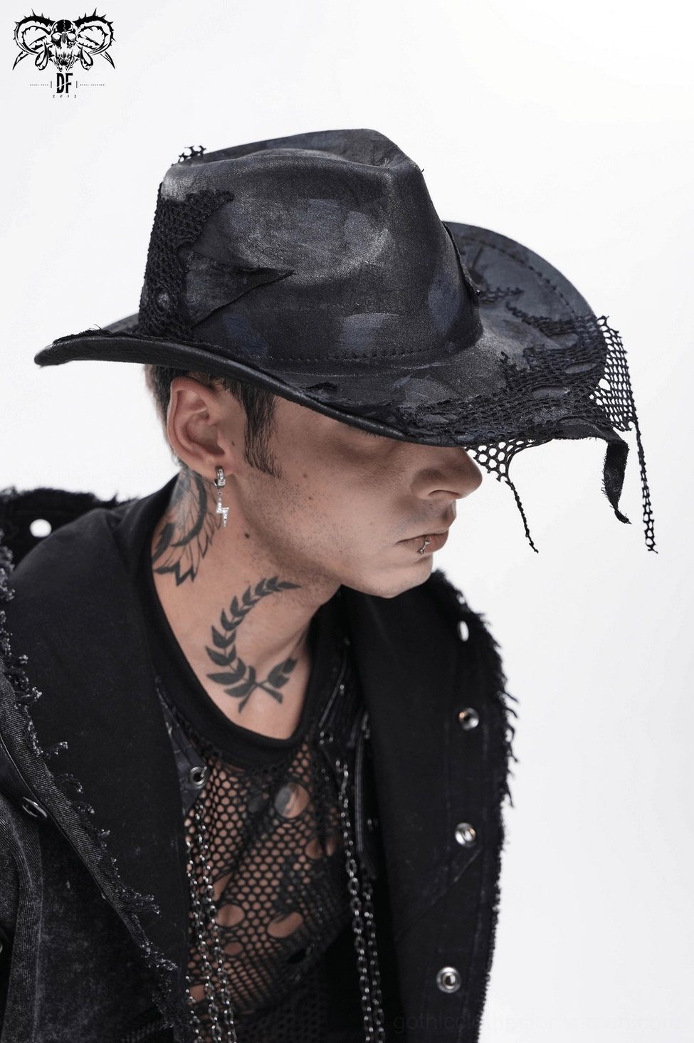 Black gothic cowboy hat theatrical silhouette perfect for festival and photoshoot styling
