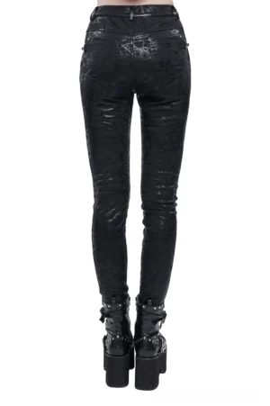 Rear view of black gothic slim fit trousers showing crack pattern and back pockets with metal hardware