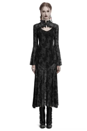 Gothic crescent moon mesh two-piece dress front view worn by model, featuring lace high collar, bell sleeves, and layered mesh skirt