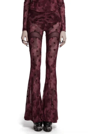 Gothic crescent moon mesh flare pants in wine red front full body view on model