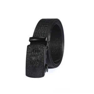 Automatic buckle leather belt three-quarter front view displaying crocodile head embossed buckle design