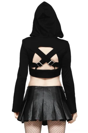 Black gothic crop hoodie rear view showing cross-back buckle strap design and exposed back cutout