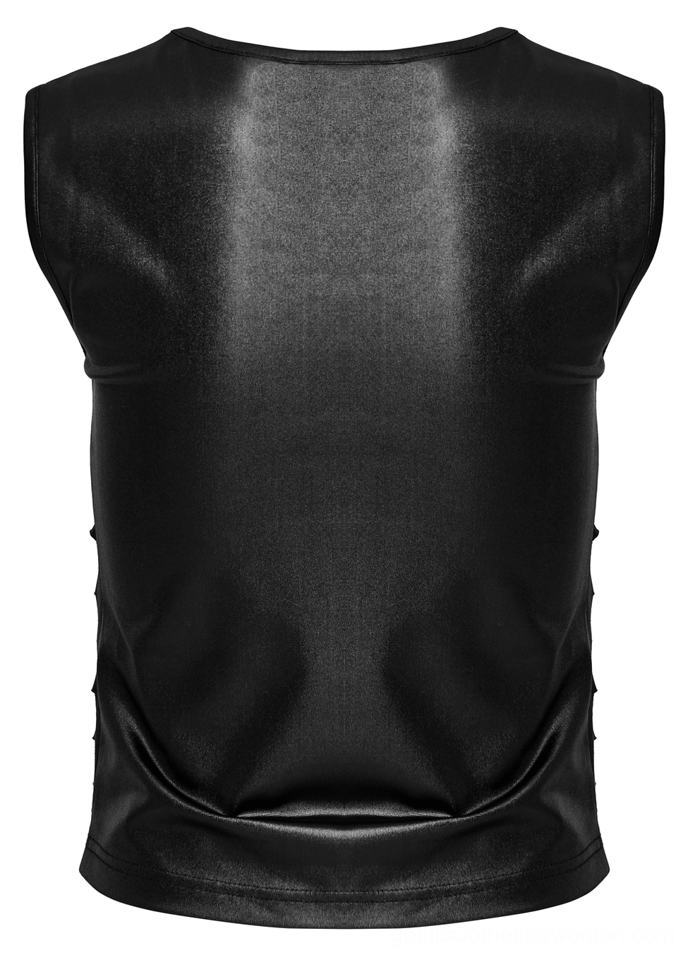 Back panel flat lay of black gothic crop top showing smooth solid faux leather construction