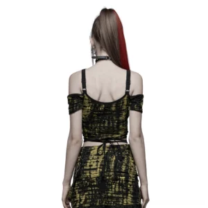 Black gothic crop top with tie-back waist strap and cold-shoulder design back view