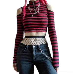 Gothic cold-shoulder striped zip crop top with chain detail, front three-quarter view showcasing red-black stripes and fishnet waist accent