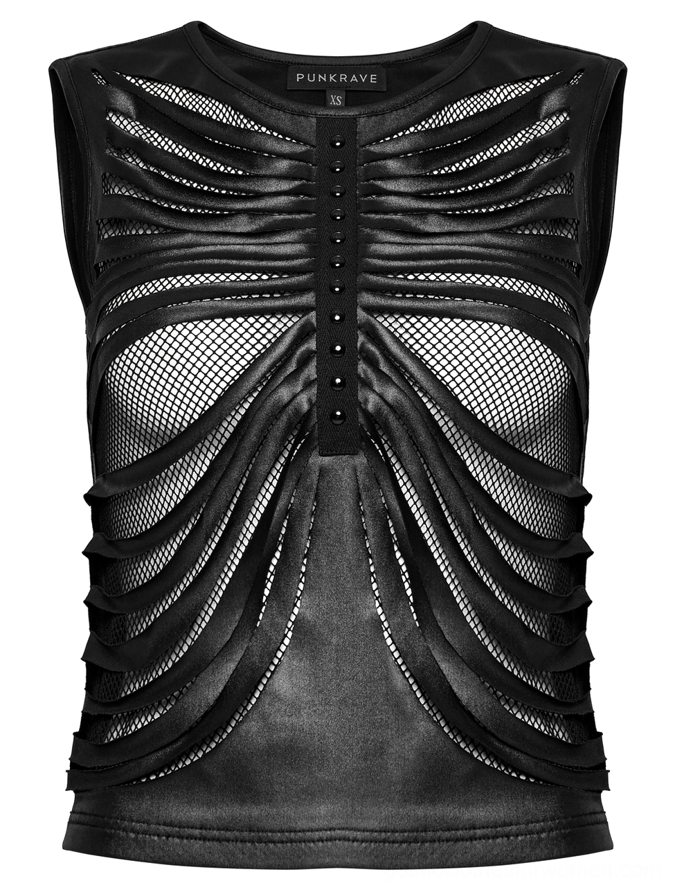 Close-up flat lay of gothic crop top front showing button placket and fishnet mesh inserts detail