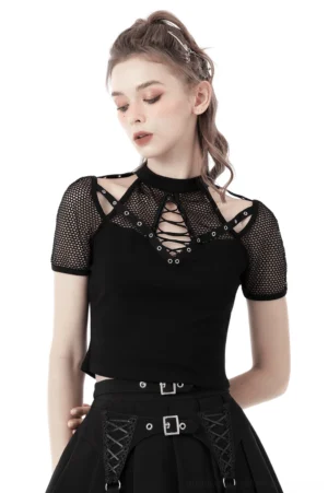 Black gothic lace-up crop top with fishnet sleeves front view on model
