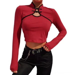 Black and burgundy gothic long sleeve crop top with mandarin collar - front facing view displaying slim fit and ornate frog button closure