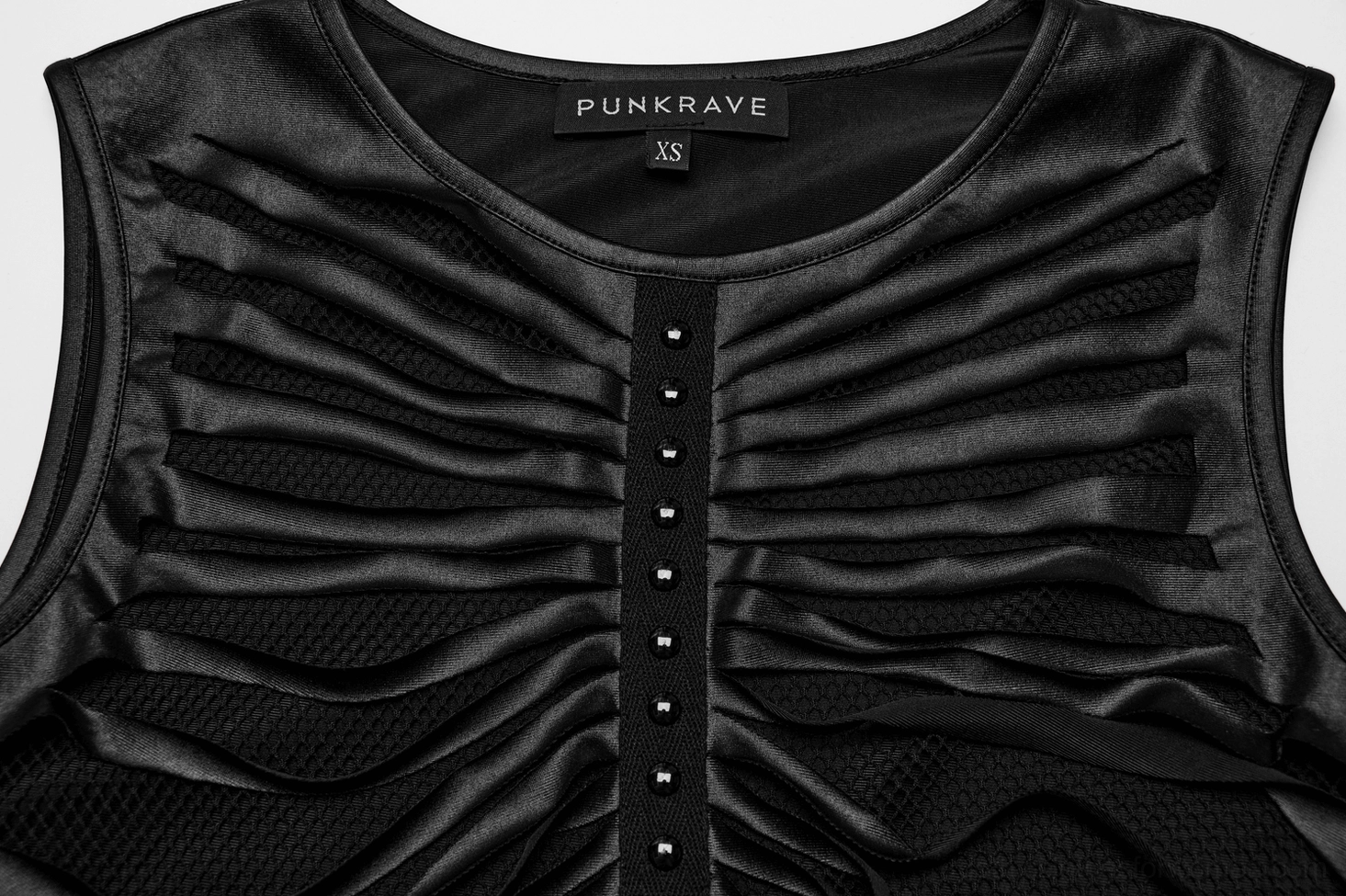 Close-up detail of gothic crop top neckline showing ribbed crew neck and brand tag