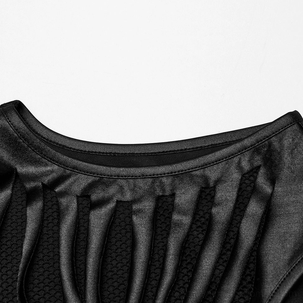 Side neck detail close-up of gothic mesh crop top showing sleeveless cutout and fabric layers