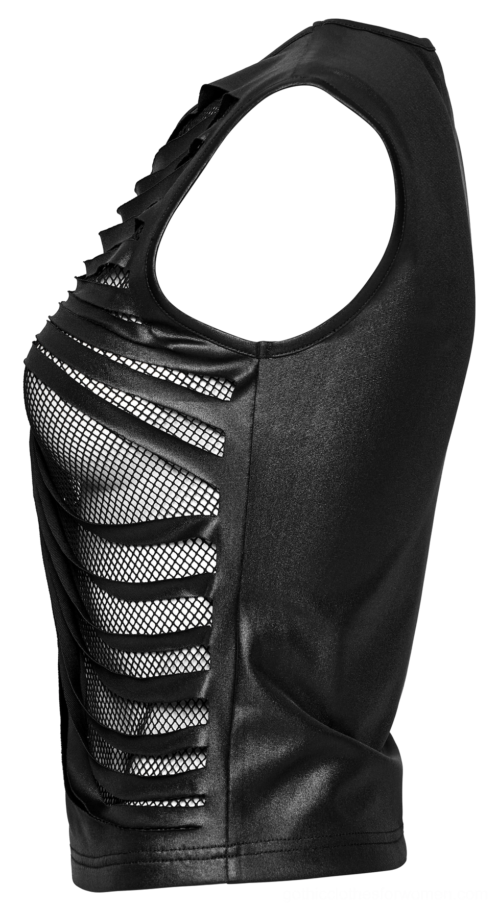 Side view flat lay of gothic ribcage mesh crop top showing fitted silhouette and material contrast