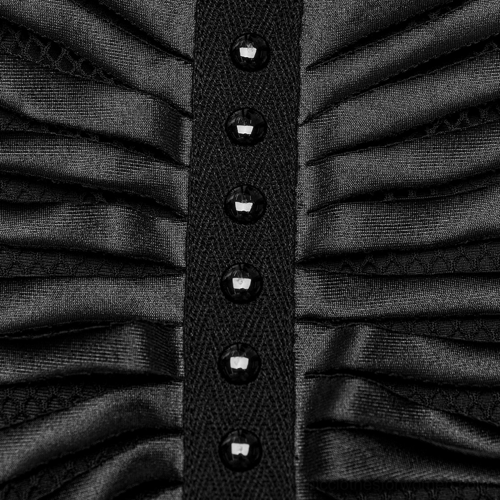 Gothic crop top front placket close-up showing black stud buttons and ribbed trim texture