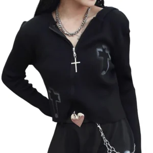 Black gothic crop zip-up sweater with cross print and hooded design, front view on female model