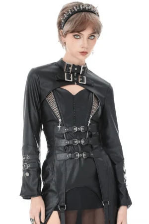 Gothic cropped faux leather cape with long sleeves and silver buckle collar details, front three-quarter view