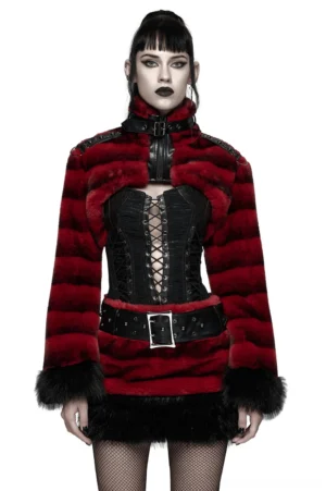 burgundy striped faux fur gothic cropped jacket front view on model with stand collar and studded shoulders