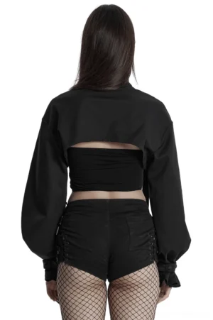 Black gothic cropped jacket rear view on model displaying open back cutout design and architectural silhouette