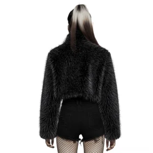 Black cropped punk jacket back view showing elongated hem and long sleeves with fluffy faux fur texture