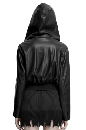 Black cropped gothic jacket back view showing pleated leather panel and ribbed waist - punk goth style outerwear
