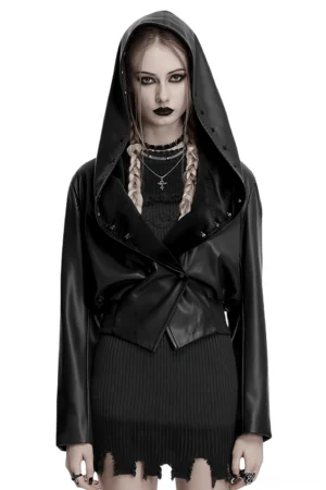 Gothic cropped velvet faux leather jacket with skull-studded hood front view on model - black alternative fashion wear