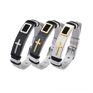 Three stainless steel gothic cross mesh bracelets in silver, black-silver, and black-gold colorways displayed flat overhead view