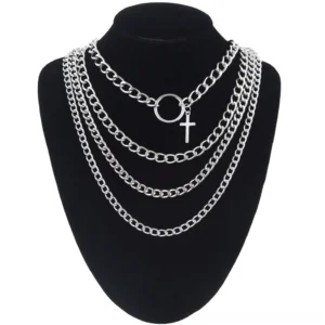 Four-layer gothic cross and o-ring chain choker set displayed on black mannequin neck, silver layered chains with cross pendant, front view