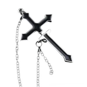 Black cross chain drop earrings with tassel details flat lay view showing dual cross and sword motif with silver tone accents