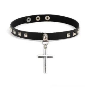Black PU leather gothic choker with silver cross pendant and square rivets - front studio view