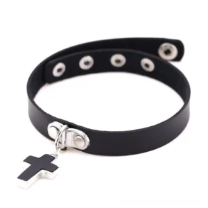 Black leather gothic cross choker showing inner snap buttons and metal fastening system, detail view