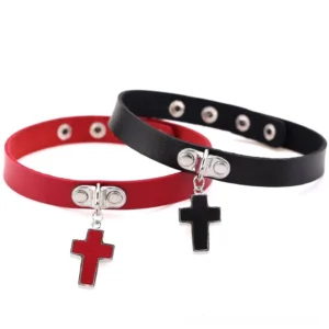 Black and red gothic cross leather choker necklace with adjustable snap fasteners, front view on white background