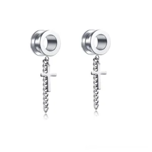 Gothic cross dangle stainless steel ear tunnels pair with chain pendant, silver polished finish, front view