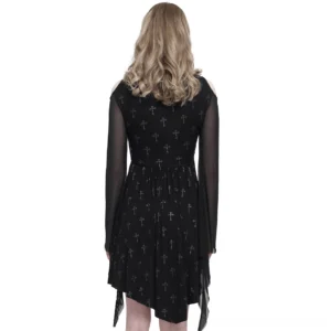 Gothic cross printed dress back view showing asymmetric handkerchief hem and all-over cross print design on black fabric