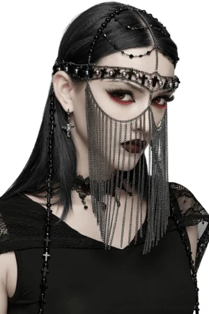 Black gothic cross tassel face veil headpiece worn by model with gothic makeup, front view showing cascading cross pendant chains and beaded forehead band