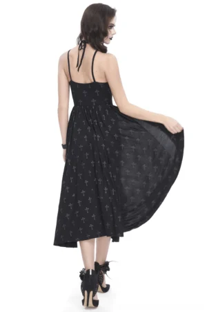 Black gothic cross print maxi dress back view on model showing open halter strap and all-over cross pattern