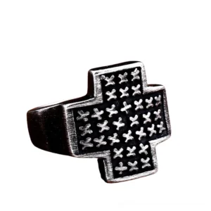 Black stainless steel gothic cross ring with engraved cross patterns, left three-quarter view showcasing dark finish and detailed craftsmanship
