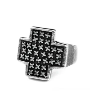 Polished silver gothic cross ring with delicate engraved cross details, front three-quarter view highlighting matte finish and alternative jewelry design
