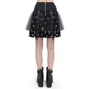 Black gothic cross print knitted skirt - back full body view on model, displaying front zipper waistband and cross print pattern detail