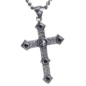 925 Sterling Silver Gothic Cross Skull Pendant - Front Upright View showing carved floral textures and central skull ornament
